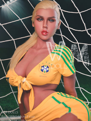 Sex Doll wearing a yellow and green outfit with a visible brand logo against a net background