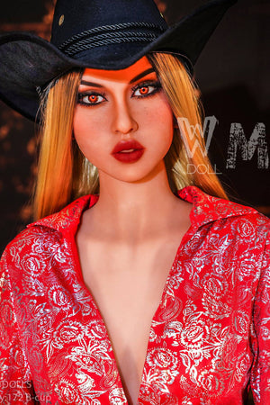 Sex doll wearing a black cowboy hat and red patterned shirt with 'WM Doll' branding.